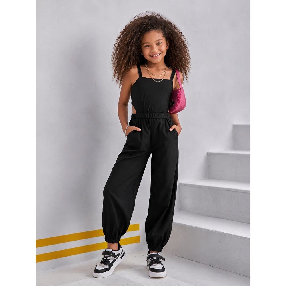 Girls SHEIN Black Sleeveless Jumpsuit Size 8Y Elastic Waist Pockets